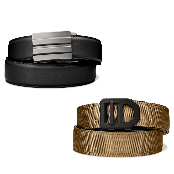 Two Kore EDC Gun Belts are on a white background. Displayed is a black leather edc belt with an X2 buckle, as well as a coyote tactical gun belt with an X5 buckle.