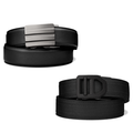 Two Kore EDC Gun Belts are on a white background. Displayed is a black leather edc belt with an X2 buckle, as well as a black tactical gun belt with an X5 buckle.