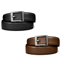 Two Kore EDC Gun Belts are on a white background. Displayed is a black leather edc belt with an X3 buckle, as well as a brown leather gun belt with an X3 buckle.