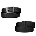 Two Kore EDC Gun Belts are on a white background. Displayed is a black leather edc belt with an X3 buckle, as well as a black tactical gun belt with an X7 buckle.