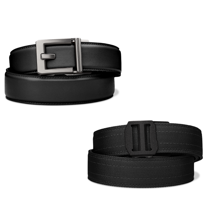 Two Kore EDC Gun Belts are on a white background. Displayed is a black leather edc belt with an X3 buckle, as well as a black tactical gun belt with an X7 buckle.