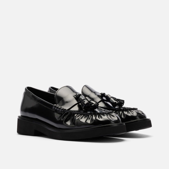 Ella Black Pleated Leather Tassel Loafer