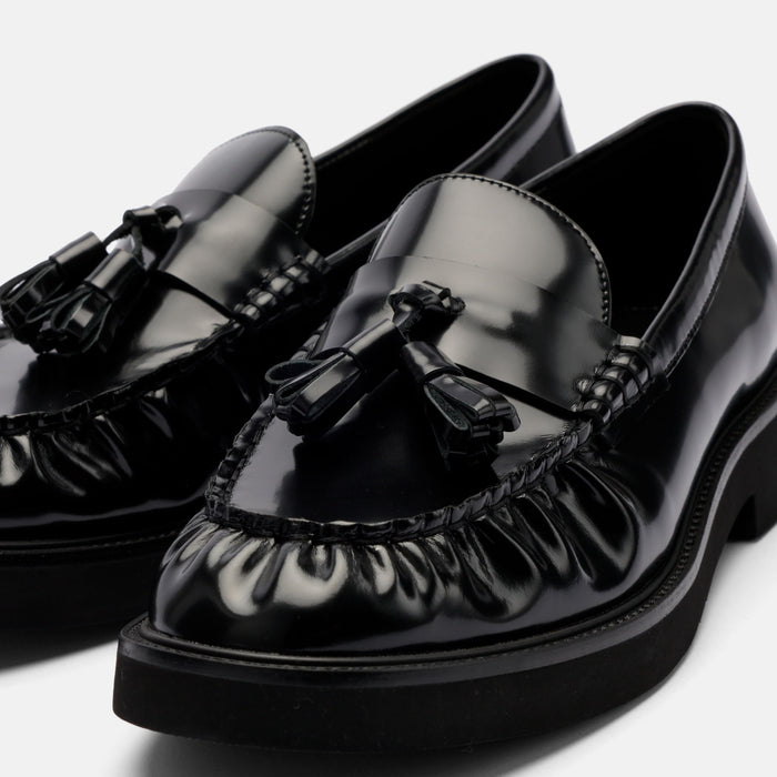 Ella Black Pleated Leather Tassel Loafer