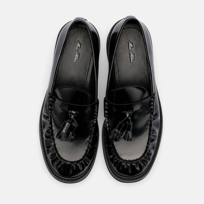 Ella Black Pleated Leather Tassel Loafer