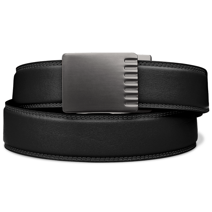 Kore Essentials Black Full Grain Leather Ratcheting Belt with a Gunmetal Encore Buckle