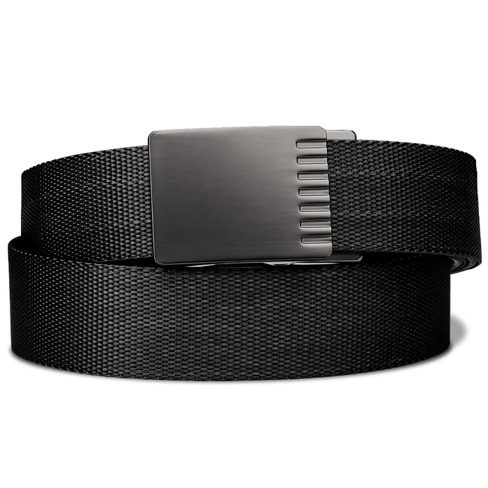Kore Essentials Black Nylon Ratcheting Belt with a Gunmetal Encore Buckle