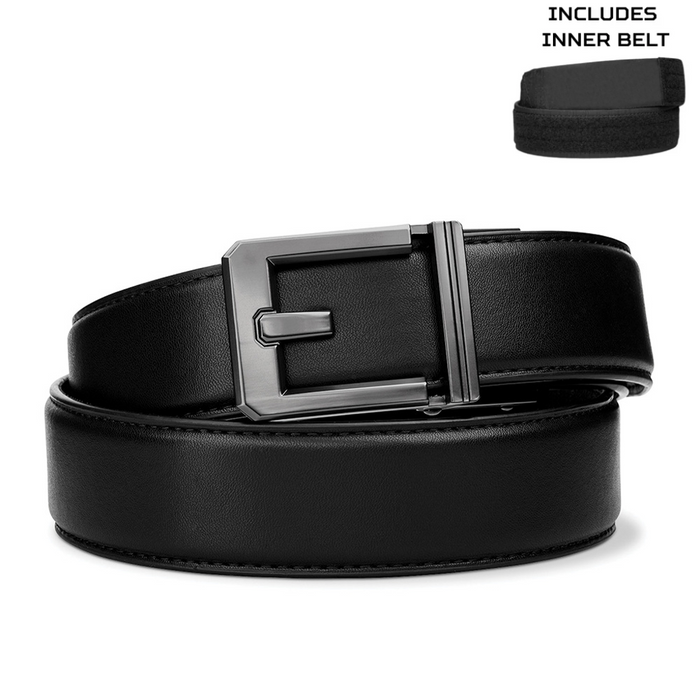 Kore Essentials black full grain leather executive protection gun belt with a stainless steel X3 buckle on a white background with an inner belt