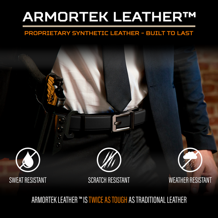 Graphic showcasing the benefits of Kore Essentials 1.5" Armortek leather gun belts for EDC and CCW.