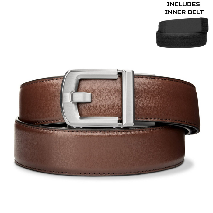 Kore Essentials brown full-grain leather executive protection gun belt with a stainless steel X8 Nickel buckle on a white background with an inner belt