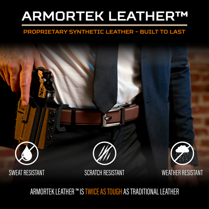 Graphic showcasing the benefits of Kore Essentials 1.5" Armortek leather gun belts for EDC and CCW. A man in a suite is seen wearing a brown Kore Essentials 1.5" Armortek leather gun belt.