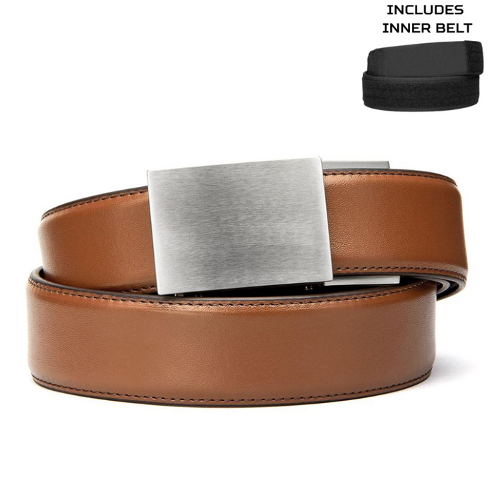 Kore Essentials tan full grain leather executive protection gun belt with a stainless steel X4 buckle on a white background with an inner belt