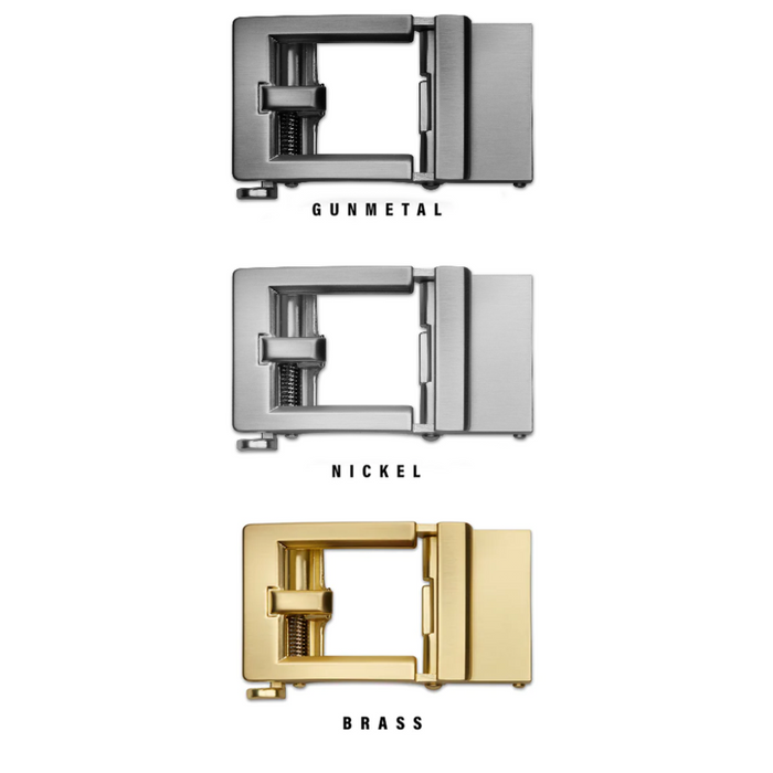 Kore Essentials Express Buckles Laid on a White Background. Shown are the Kore Express Gunmetal, Nickel and Brass Buckles