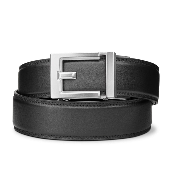 Kore Essentials Black Leather Ratcheting Belt 1.37" with an Express Nickel Buckle