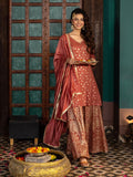 Festive Rust Radiance Georgette Kurta Set With Split Pant Dupatta.