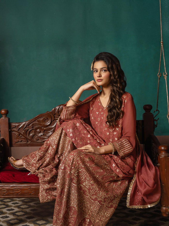 Festive Rust Radiance Georgette Kurta Set With Split Pant Dupatta.