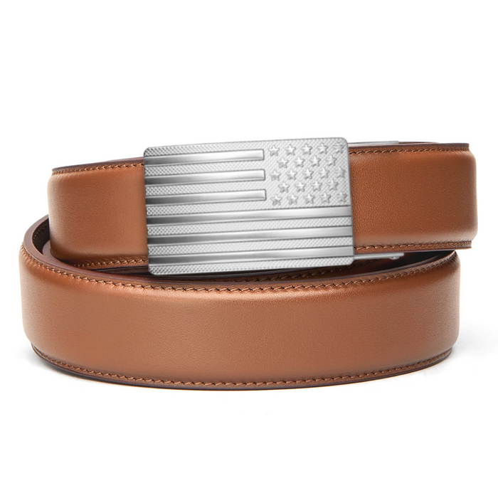 Kore Essentials Tan Leather Gun Belt with an American Flag Buckle