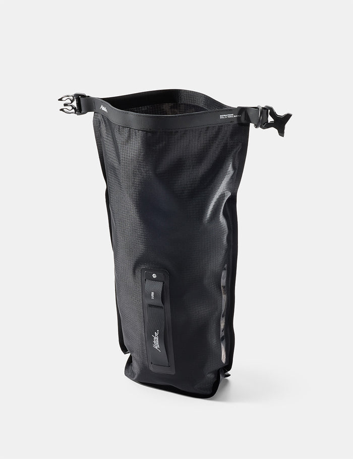 Black dry bag with a brand logo on a white background
