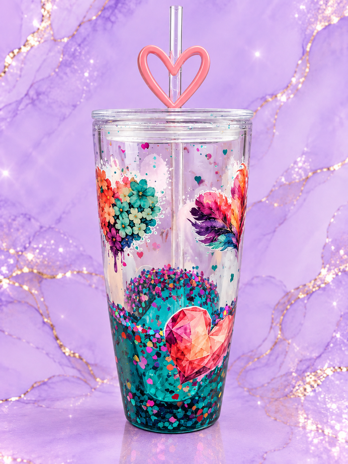 Floral Heart Snow Globe Tumbler - 24 oz Round