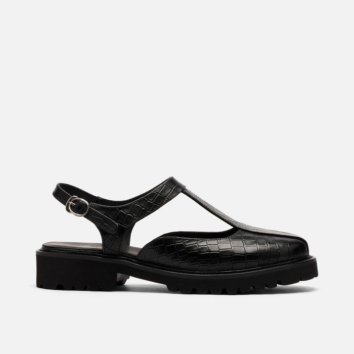 Frankie Black Crocskin Leather Mary Jane Slingbacks