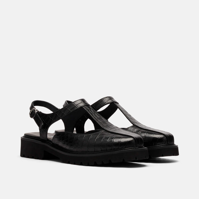 Frankie Black Crocskin Leather Mary Jane Slingbacks