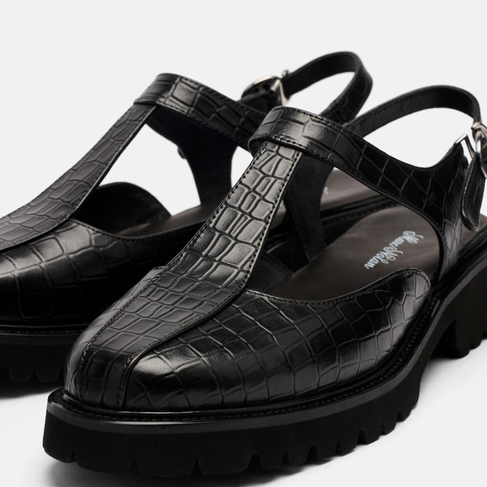 Frankie Black Crocskin Leather Mary Jane Slingbacks