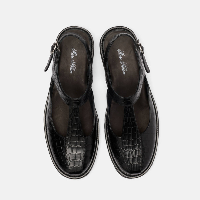 Frankie Black Crocskin Leather Mary Jane Slingbacks