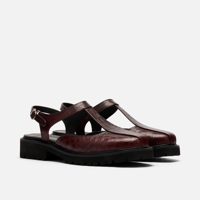 Frankie Wine Crocskin Leather Mary Jane Slingbacks