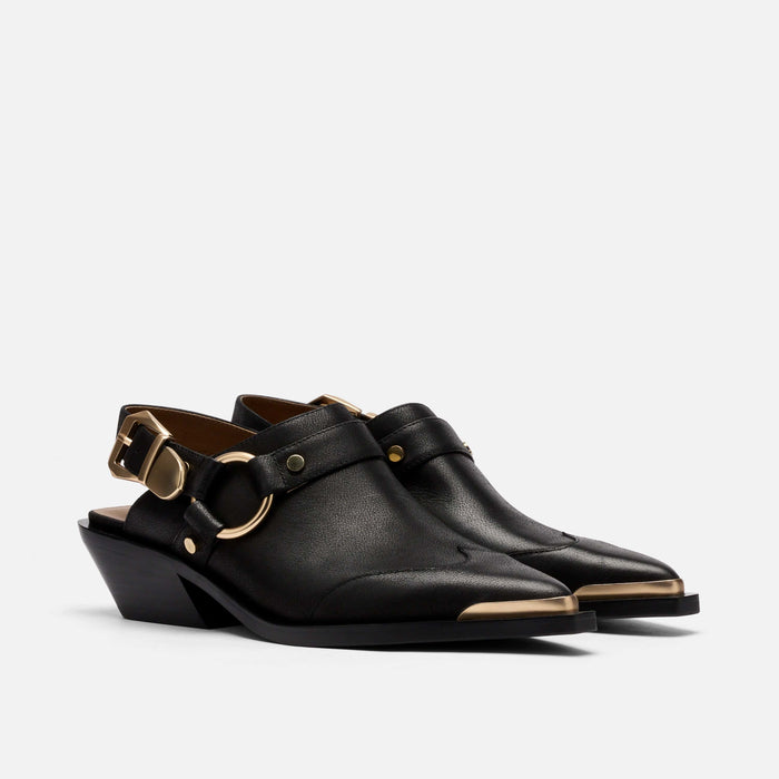 Frontier Black Leather Western Slingbacks