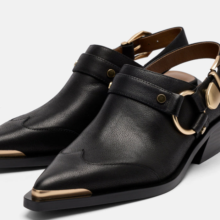 Frontier Black Leather Western Slingbacks