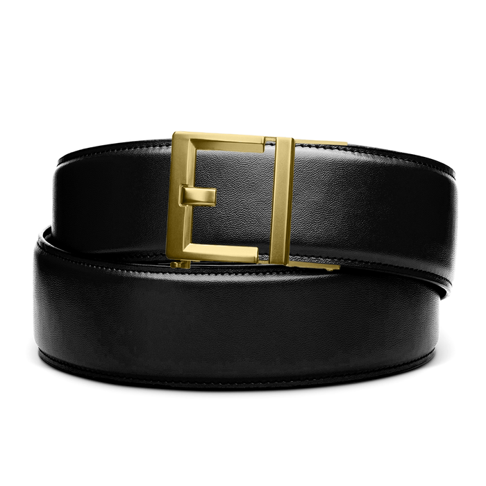 Black Leather Kore Essentials Garrison Range Gun Belt with a Brass G2 buckle on a white background