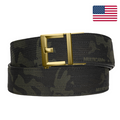 Multicam Black Kore Essentials Garrison Range Gun Belt with a Brass G2 buckle on a white background