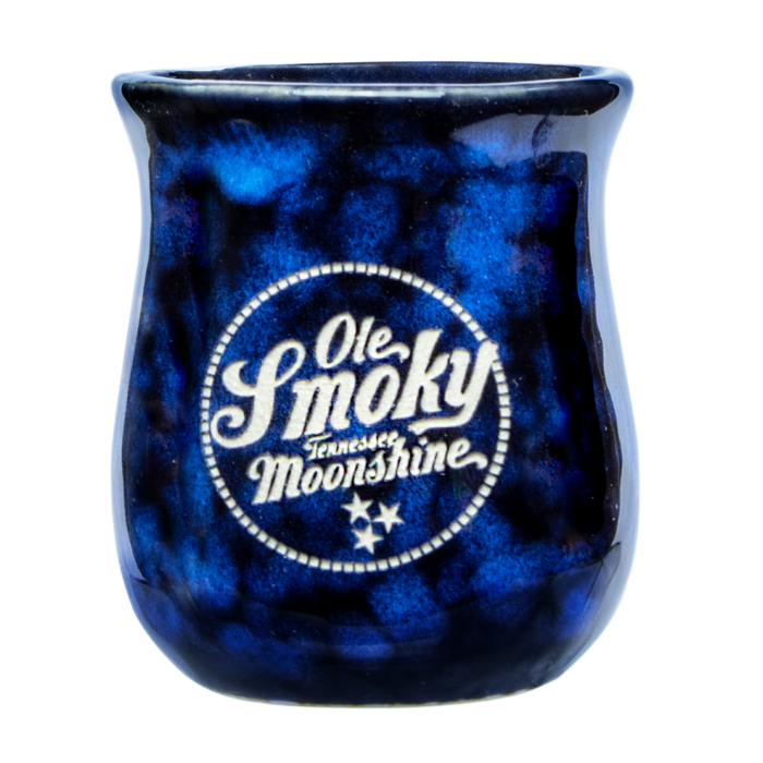 GLAZED POTTERY SHOT GLASS - BLUE/BLACK