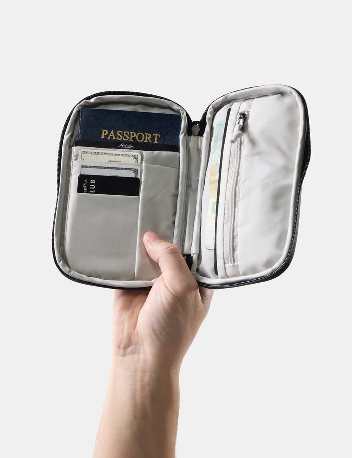 hand holding open travel wallet with passport and credit cards