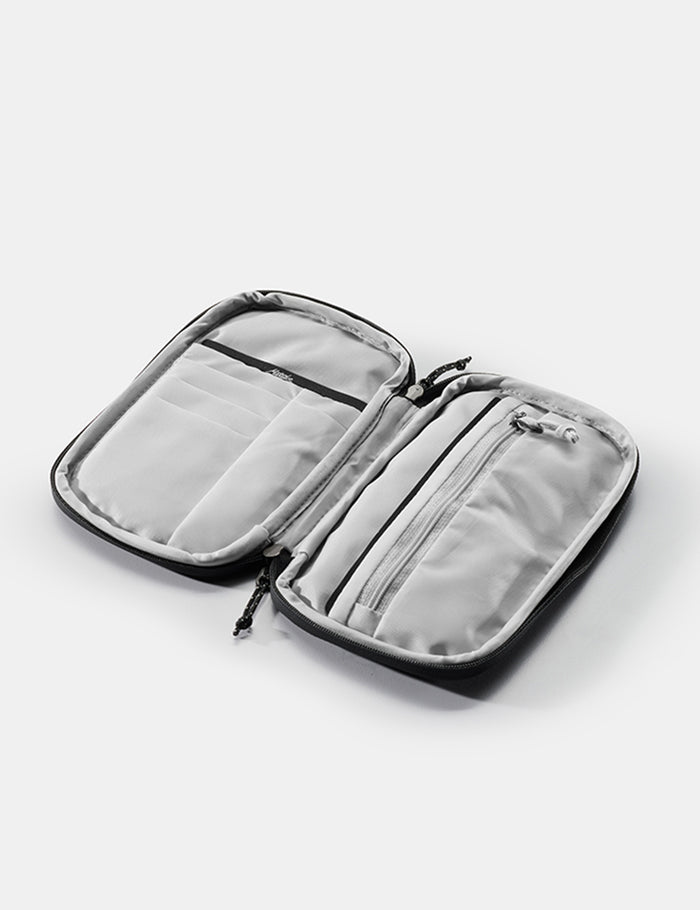 open travel wallet on white background with empty pockets and zipper