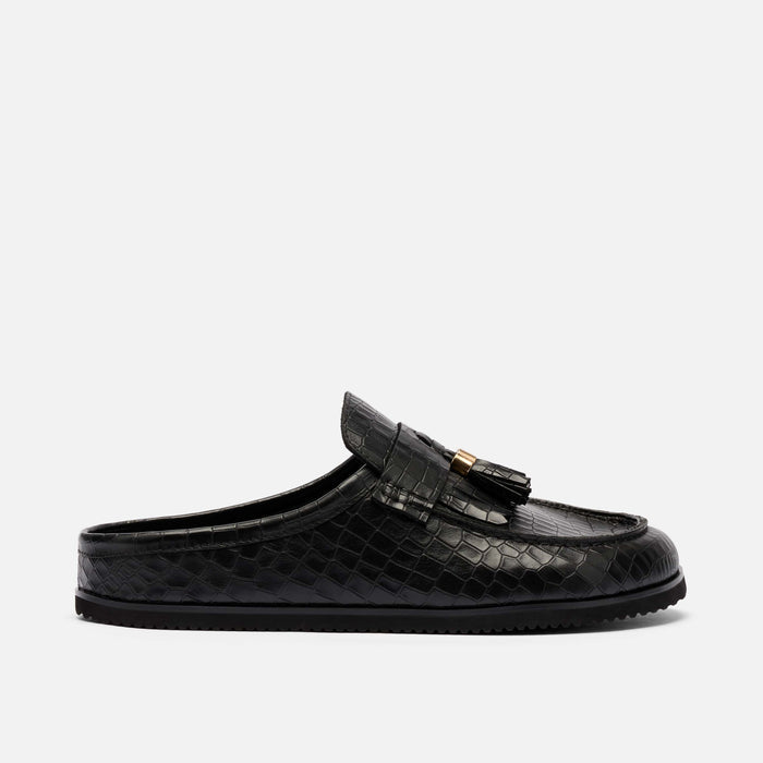 Hampton Black Crocskin Leather Tassel Mules
