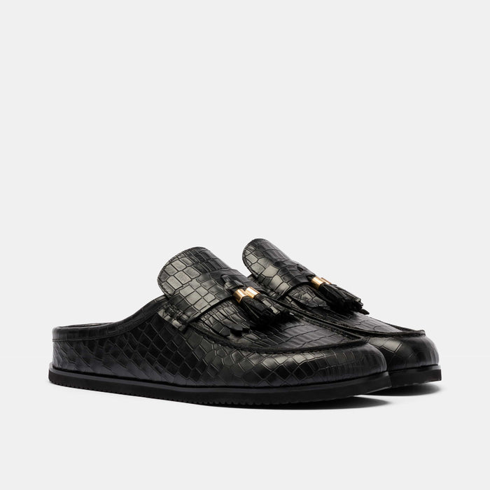Hampton Black Crocskin Leather Tassel Mules