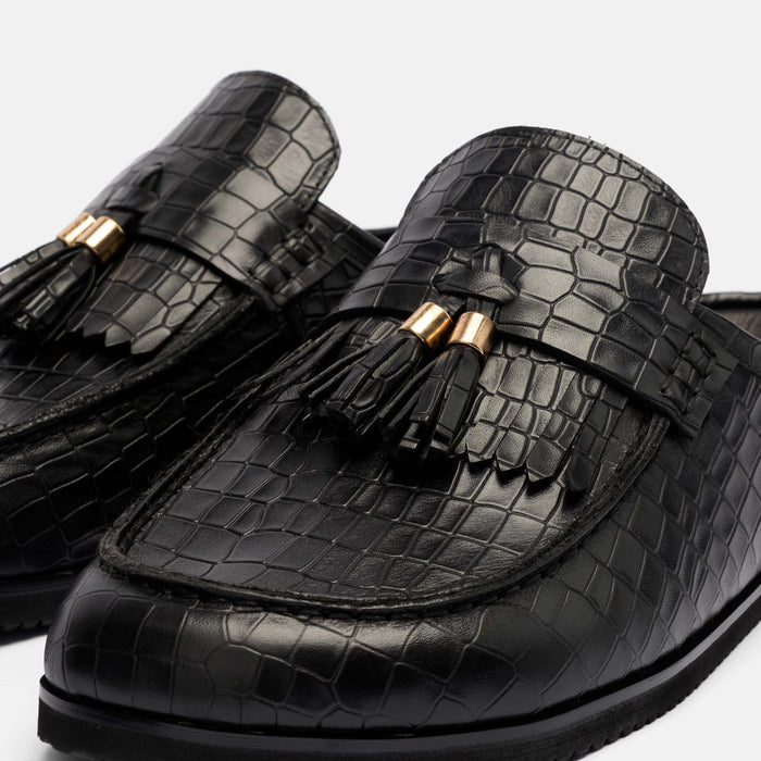 Hampton Black Crocskin Leather Tassel Mules
