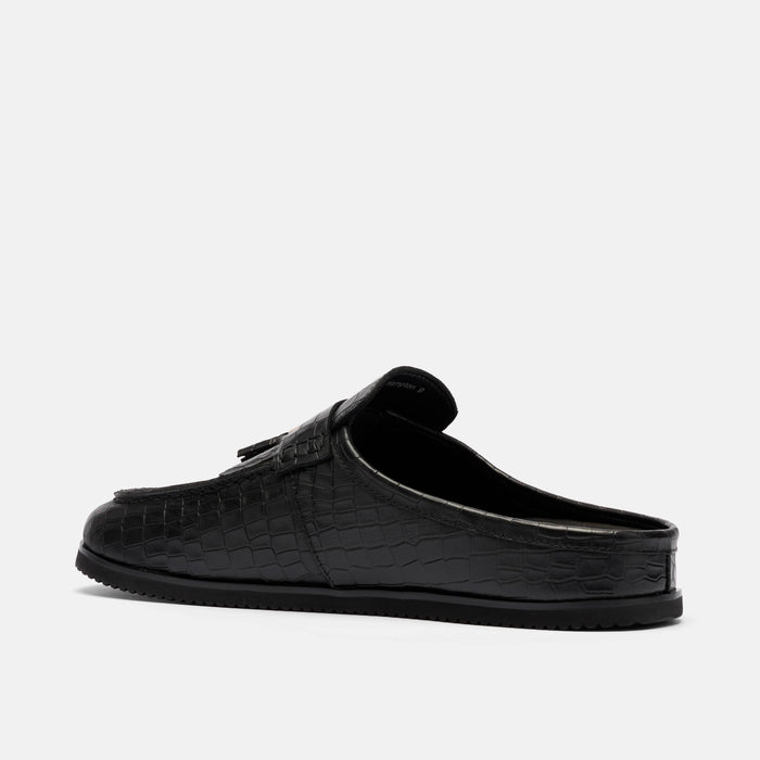 Hampton Black Crocskin Leather Tassel Mules