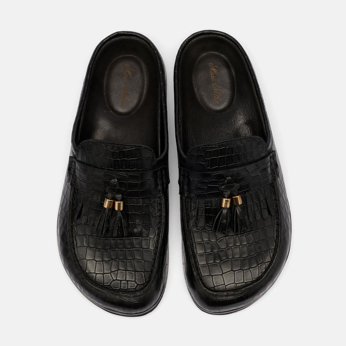 Hampton Black Crocskin Leather Tassel Mules