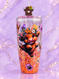 Highland Cow Floral Snow Globe Tumbler - 24 oz Round