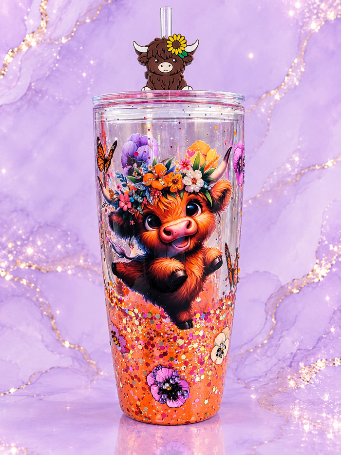 Highland Cow Floral Snow Globe Tumbler - 24 oz Round