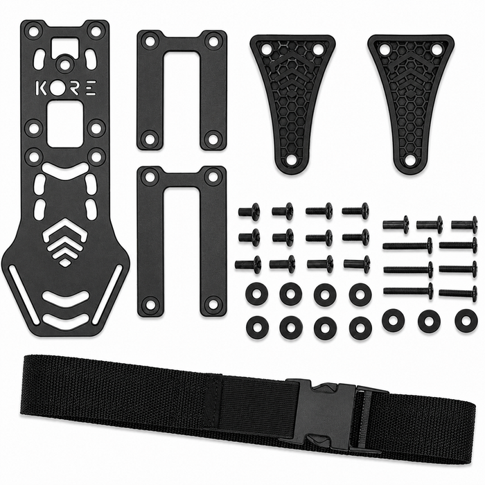 Kore Essentials Black Aluminum Holster mount with all included hardware and leg strap presented on a white background