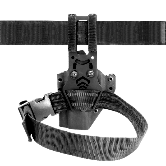Back side of Kore Essentials Holster Mount Kit Black showcasing the included leg strap