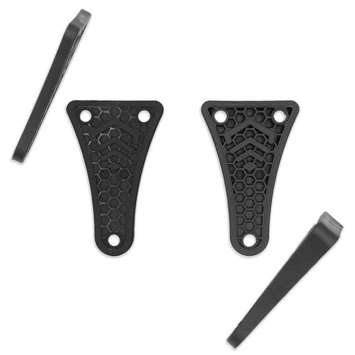 Set of black holster mount wedges with a honeycomb pattern on a white background