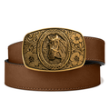 Kore Essentials Brown Buffalo Leather Western Gun Belt with a Brass Horse Buckle