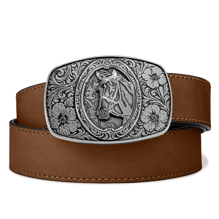 Kore Essentials Brown Buffalo Leather Western Gun Belt with a Silver Horse Buckle