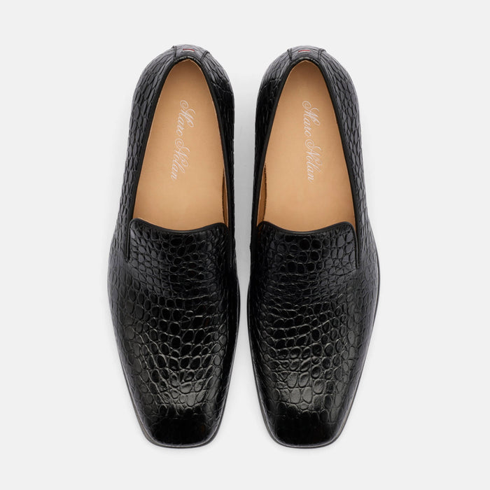 Hugo Black Croc Leather Cuban Heel Loafer