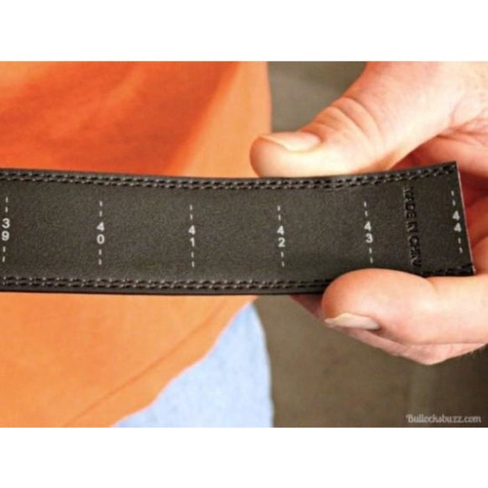 Kore leather belt with printed ruler marks. (backside view)