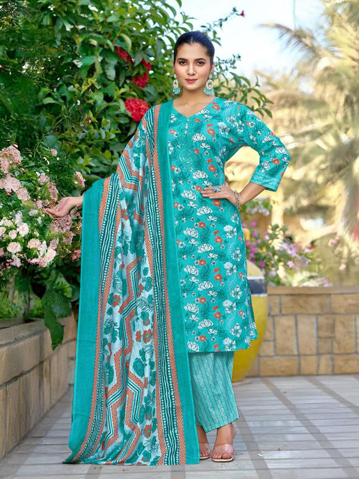 Indiessence Aqua Cambric Straight Floral Kurta Comfort Pant Dupatta.