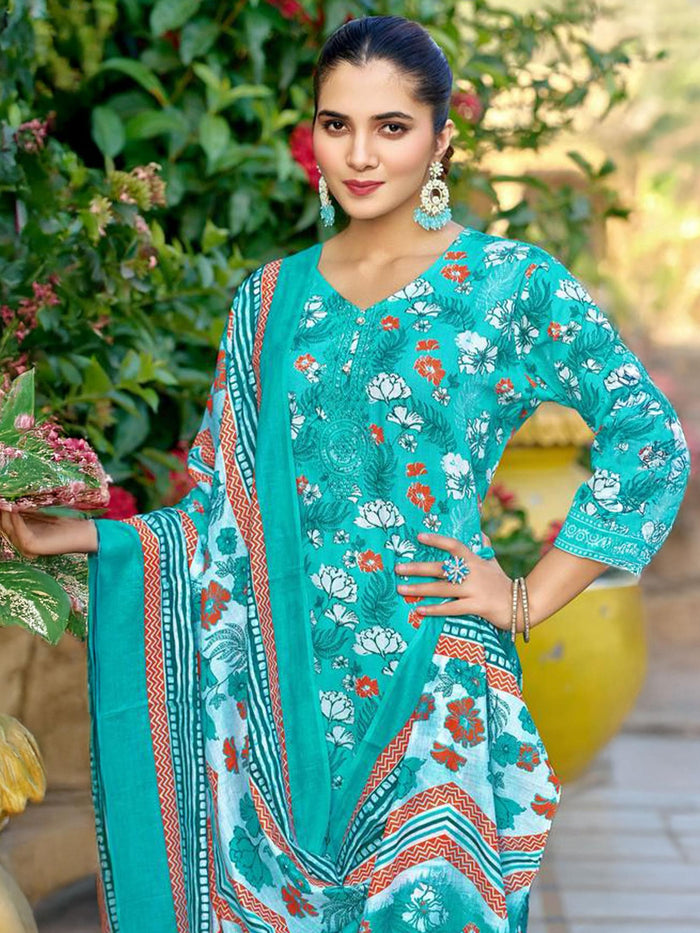 Indiessence Aqua Cambric Straight Floral Kurta Comfort Pant Dupatta.